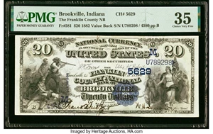 image for: Brookville, IN - $20 1882 Value Back Fr. 581 The Franklin County National Bank Ch. # (M)5629 PMG Choice Very Fine 35....