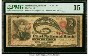 image for: Martinsville, IN - $2 Original Fr. 387b The First National Bank Ch. # 794 PMG Choice Fine 15....