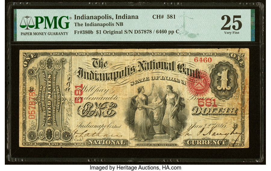 image for: Indianapolis, IN - $1 Original Fr. 380b The Indianapolis National Bank Ch. # 581 PMG Very Fine 25....