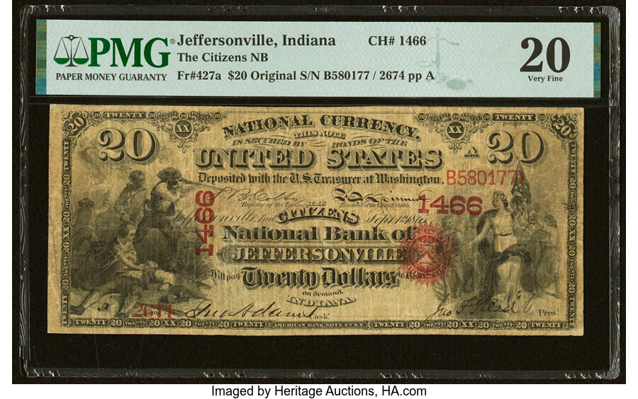 image for: Jeffersonville, IN - $20 Original Fr. 427a The Citizens National Bank Ch. # 1466 PMG Very Fine 20....