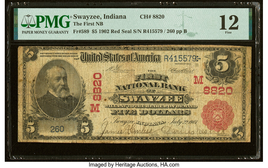 image for: Swayzee, IN - $5 1902 Red Seal Fr. 589 The First National Bank Ch. # (M)8820 PMG Fine 12....