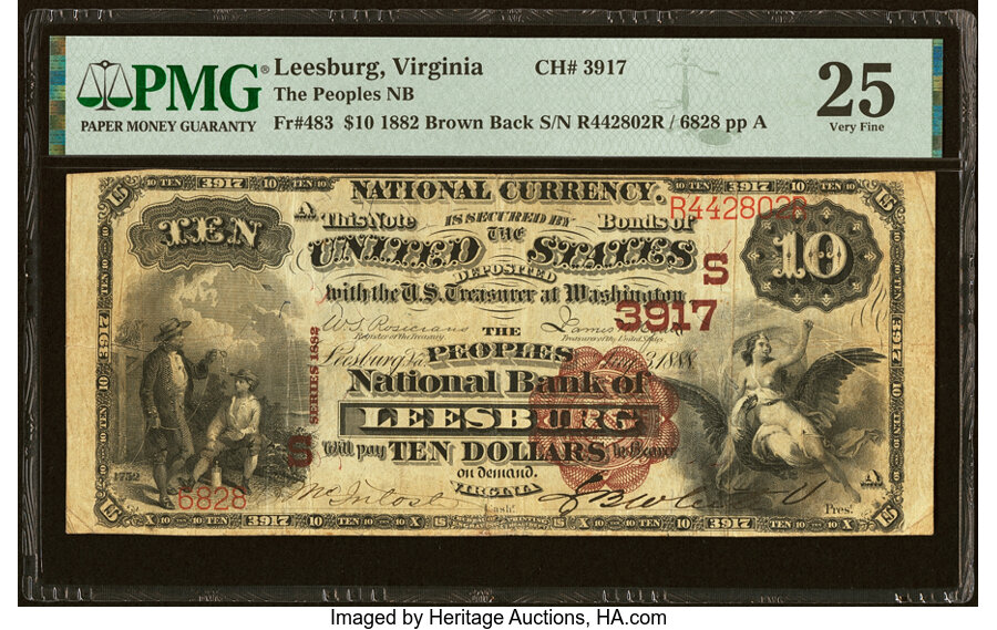 image for: Leesburg, VA - $10 1882 Brown Back Fr. 483 The Peoples National Bank Ch. # (S)3917 PMG Very Fine 25....