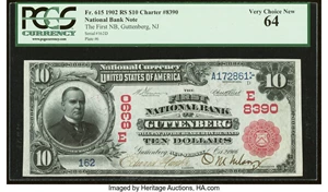 image for: Guttenberg, NJ - $10 1902 Red Seal Fr. 615 The First National Bank Ch. # (E)8390 PCGS Very Choice New 64....