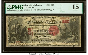 image for: Sturgis, MI - $5 1875 Fr. 401 The First National Bank Ch. # 825 PMG Choice Fine 15....
