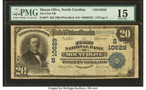 image for: Mount Olive, NC - $20 1902 Plain Back Fr. 657 The First National Bank Ch. # (S)10629 PMG Choice Fine 15....