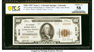image for: Colorado Springs, CO - $100 1929 Ty. 2 The Exchange National Bank Ch. # 3913 PCGS Banknote Choice AU 58....