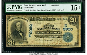 image for: East Aurora, NY - $20 1902 Date Back Fr. 645 The First National Bank Ch. # (E)9950 PMG Choice Fine 15 Net....