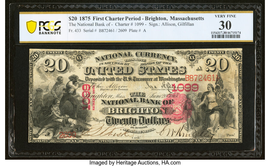 image for: Brighton, MA - $20 1875 Fr. 433 The National Bank of Brighton Ch. # 1099 PCGS Banknote Very Fine 30....