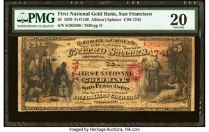 image for: San Francisco, CA - $5 1870 Fr. 1136 The First National Gold Bank Ch. # 1741 PMG Very Fine 20....
