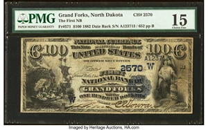 image for: Grand Forks, ND - $100 1882 Date Back Fr. 571 The First National Bank Ch. # (W)2570 PMG Choice Fine 15....