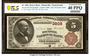 image for: Mountville, PA - $5 1882 Brown Back Fr. 470 The Mountville National Bank Ch. # 3808 PCGS Banknote Extremely Fine 40 PPQ....