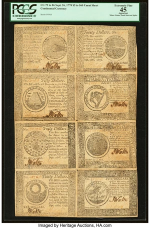 image for: Continental Currency September 26, 1778 $5-$7-$8-$20-$30-$40-$50-$60 Uncut Half Sheet of Eight PCGS Apparent Extremely Fine 45...