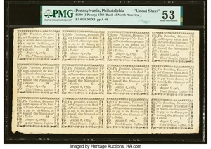 image for: Philadelphia, PA- Bank of North America August 6, 1789 $1/90 (1 Penny) Uncut Sheet of Twelve PMG About Uncirculated 53....
