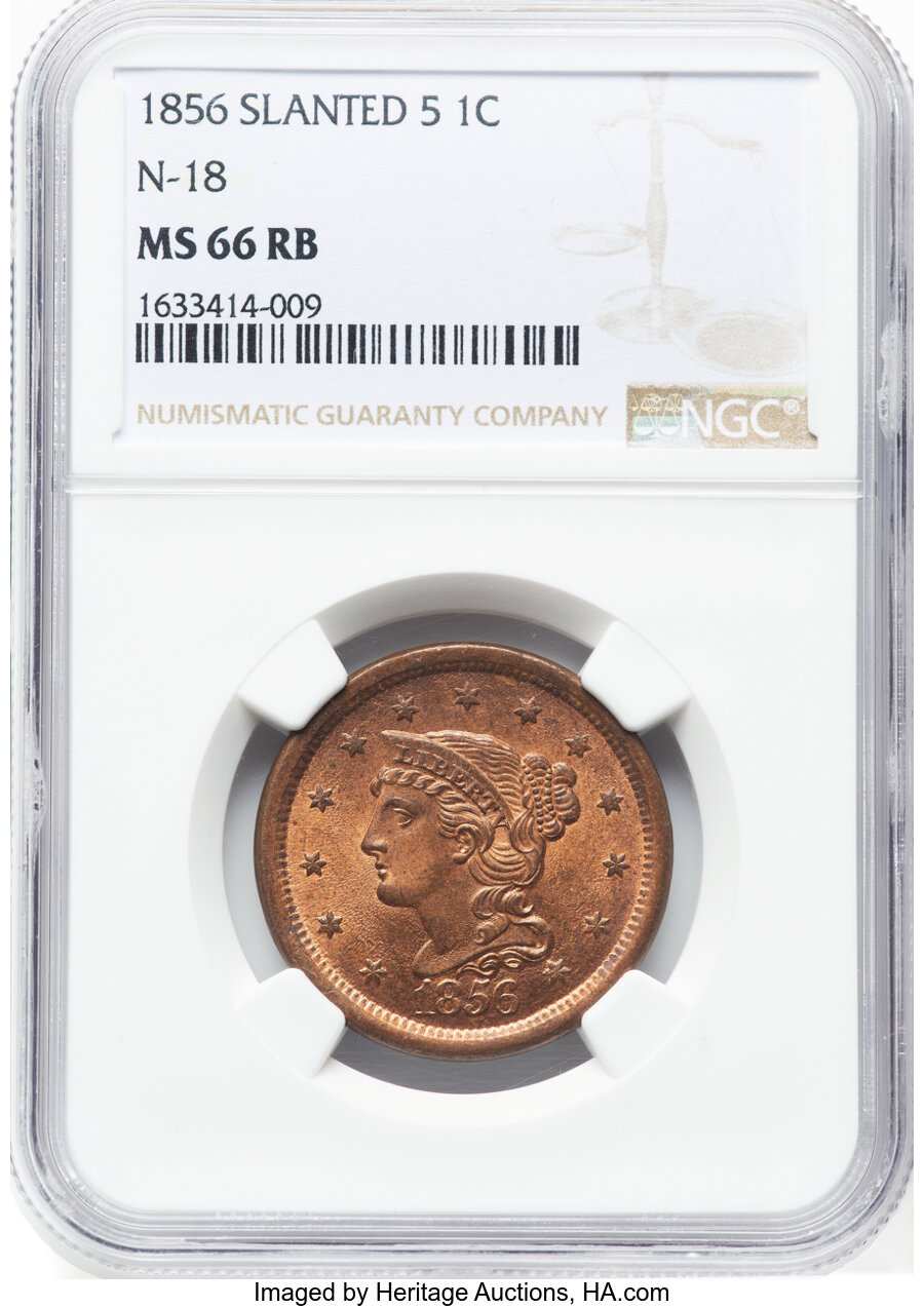 image for: 1856 1C Slanted 5, N-18, High R.1, MS66 Red and Brown NGC....