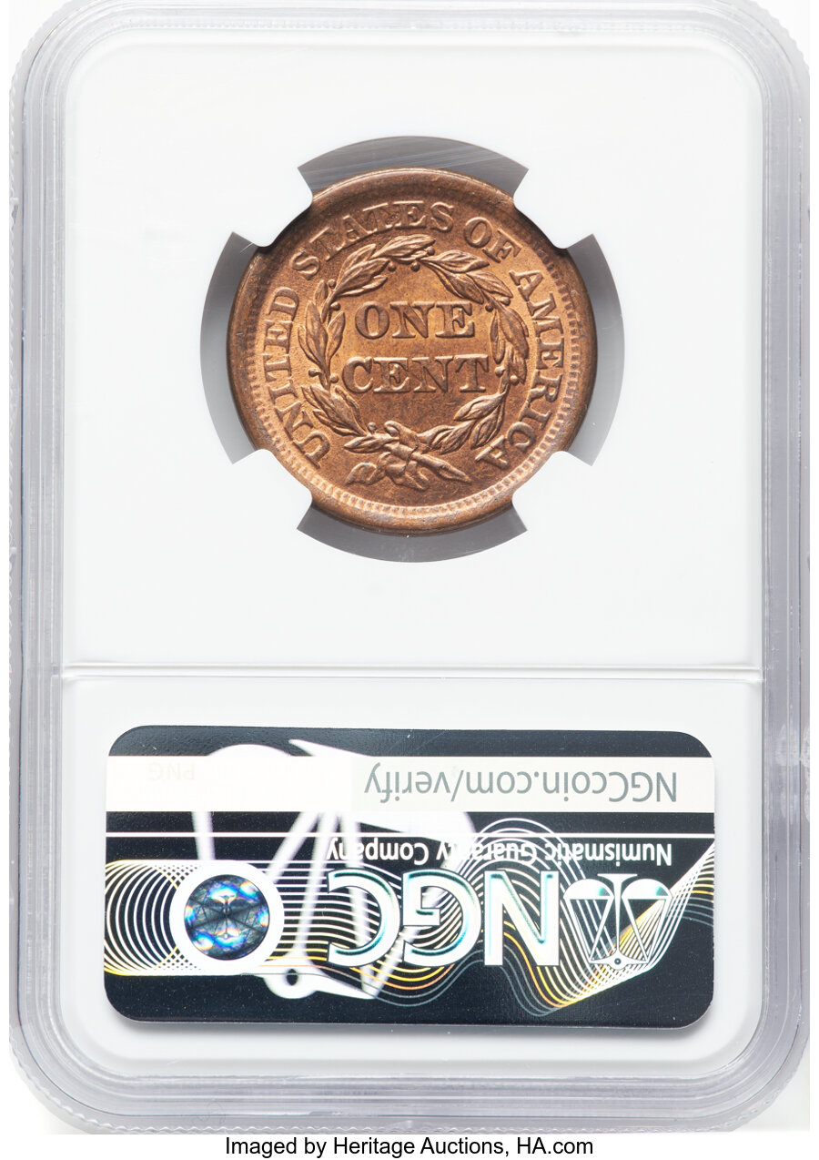 image for: 1856 1C Slanted 5, N-18, High R.1, MS66 Red and Brown NGC....