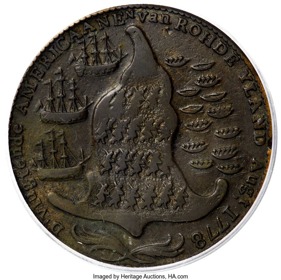 image for: 1779 Rhode Island Ship Token, Wreath Below, Brass, AU50 PCGS. Betts-563, W-1740, R.3. ...