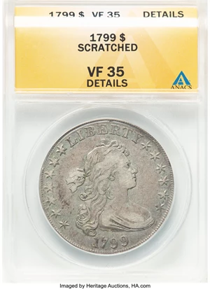 image for: 1799 $1 7x6 Stars, B-5, BB-157, R.2 -- Scratched -- ANACS Details. VF35. ...