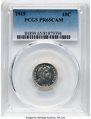 image for: 1915 10C PR65 Cameo PCGS. PCGS Population: (8/4). Mintage 450. ...