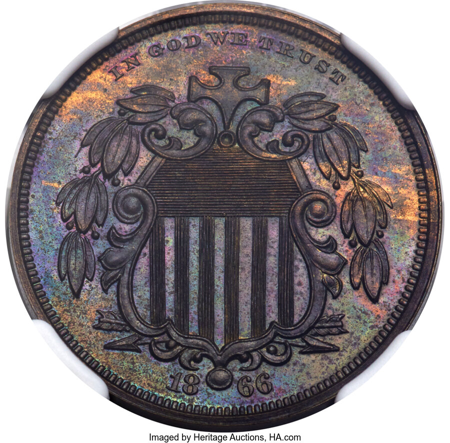image for: 1866 5C Shield Nickel, Judd-491, Pollock-578, Low R.7, PR64 Brown NGC....