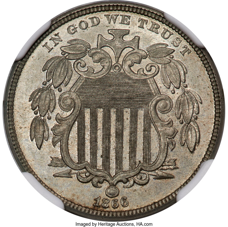 image for: 1866 5C Shield Nickel, Judd-501, Pollock-587, R.8, PR64 NGC....