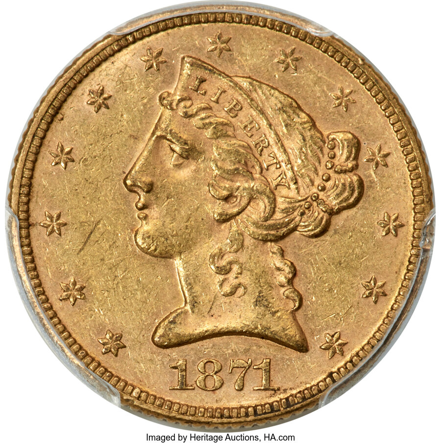 image for: 1871 $5 AU58 PCGS. CAC....