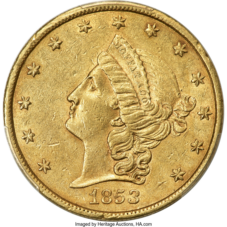 image for: 1853 $20 Moffat & Co. Twenty Dollar AU55 PCGS. CAC. K-19, Low R.6....