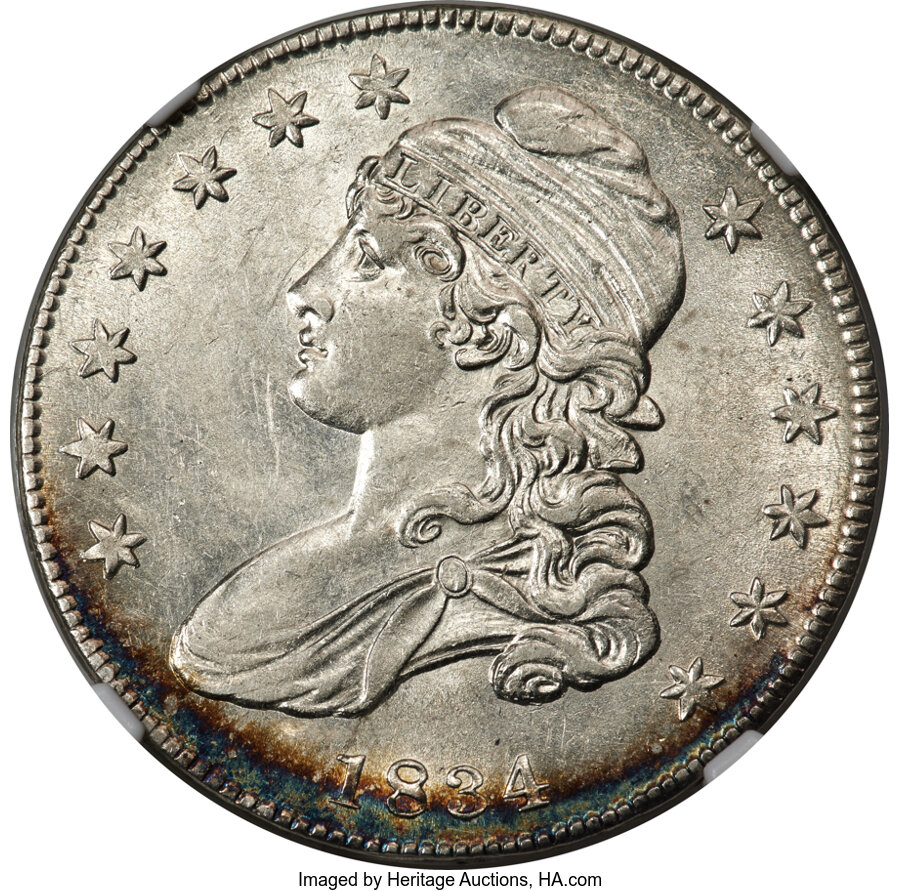 image for: 1834 50C Small Date, Small Letters, O-117, R.2, AU58 NGC....