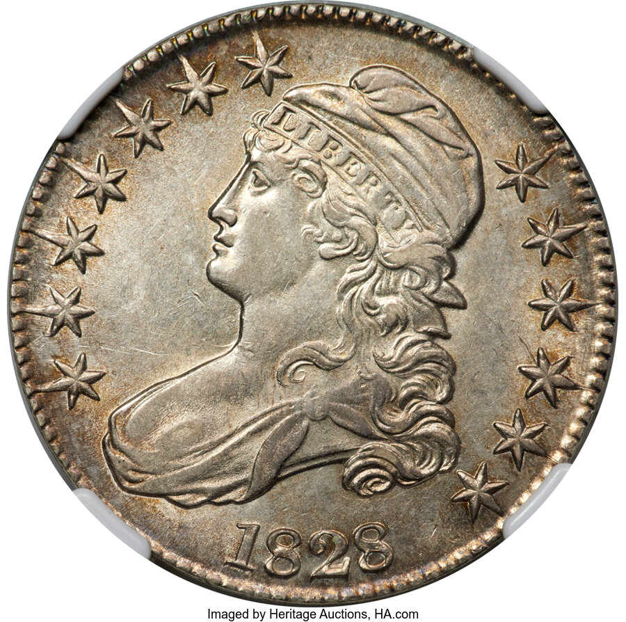 image for: 1828 50C Square Base 2, Small 8s, Large Letters, O-121a, R.4, AU53 NGC....