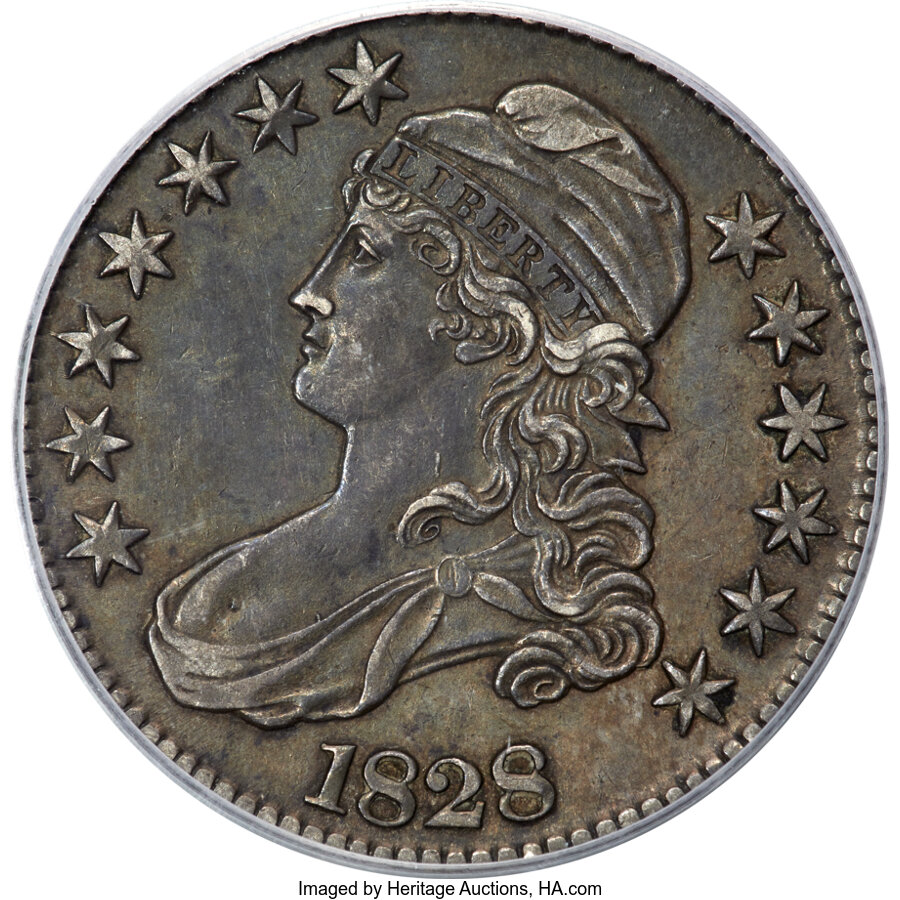 image for: 1828 50C Square Base 2, Large 8s, O-108, R.2, AU53 PCGS....