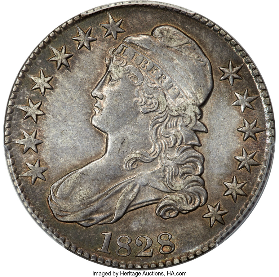 image for: 1828 50C Square Base 2, Small 8s, Large Letters, O-111, High R.4, AU53 PCGS. CAC....