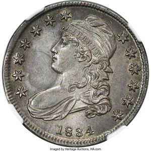 image for: 1834 50C Small Date, Small Letters, O-110, Low R.4, AU58 NGC....