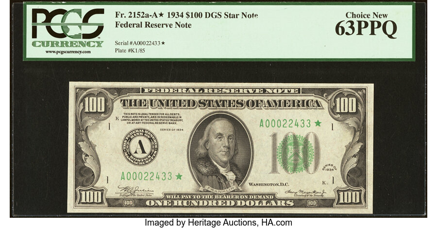 image for: Fr. 2152-A* $100 1934 Federal Reserve Star Note. PCGS Choice New 63PPQ....