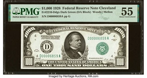 image for: Fr. 2210-D $1,000 1928 Federal Reserve Note. PMG About Uncirculated 55....