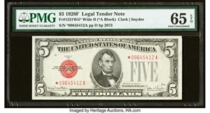 image for: Fr. 1531* $5 1928F Wide II Legal Tender Star Note. PMG Gem Uncirculated 65 EPQ....
