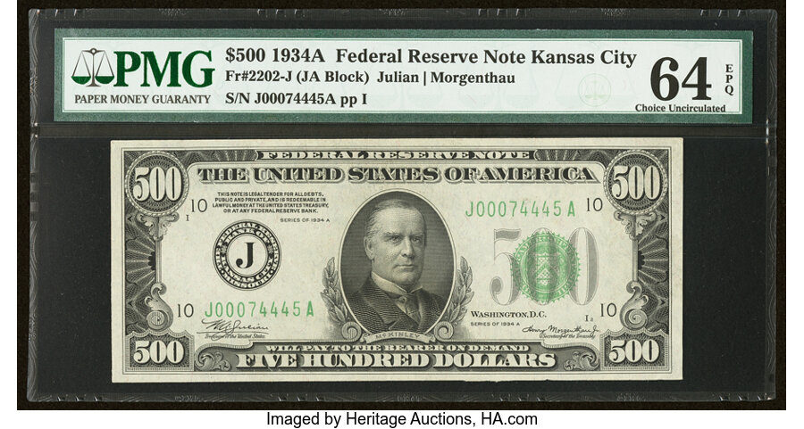 image for: Fr. 2202-J $500 1934A Federal Reserve Note. PMG Choice Uncirculated 64 EPQ....
