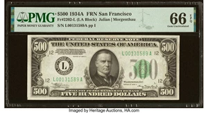 image for: Fr. 2202-L $500 1934A Federal Reserve Note. PMG Gem Uncirculated 66 EPQ....