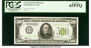 image for: Fr. 2201-D $500 1934 Light Green Seal Federal Reserve Note. PCGS Gem New 65PPQ....