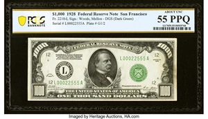 image for: Fr. 2210-L $1,000 1928 Federal Reserve Note. PCGS Banknote About Unc 55 PPQ....