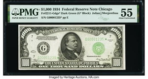 image for: Fr. 2211-G* $1,000 1934 Federal Reserve Star Note. PMG About Uncirculated 55....