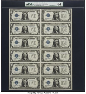 image for: Fr. 1603 $1 1928C Silver Certificates. Uncut Sheet of Twelve. PMG Choice Uncirculated 64 Net....