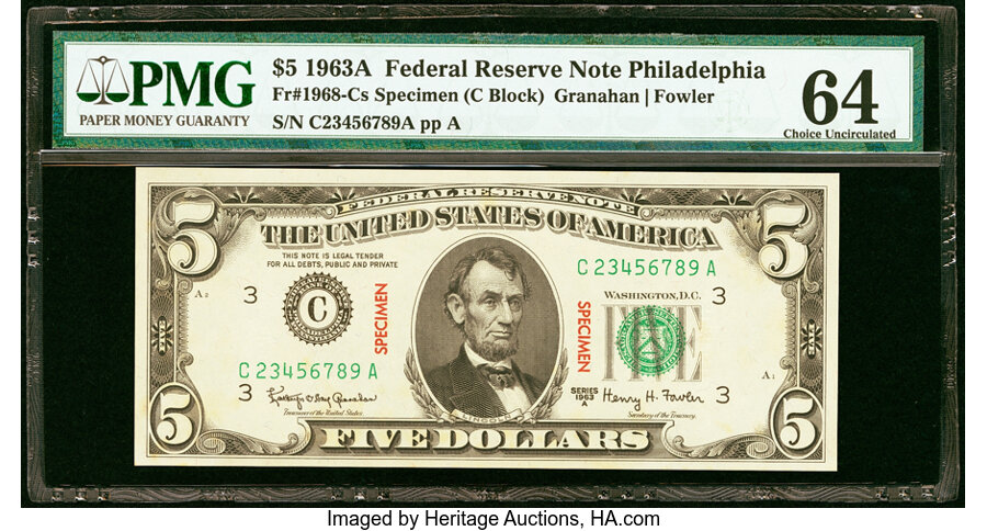 image for: Fr. 1968-C $5 1963A Specimen Federal Reserve Note. PMG Choice Uncirculated 64....