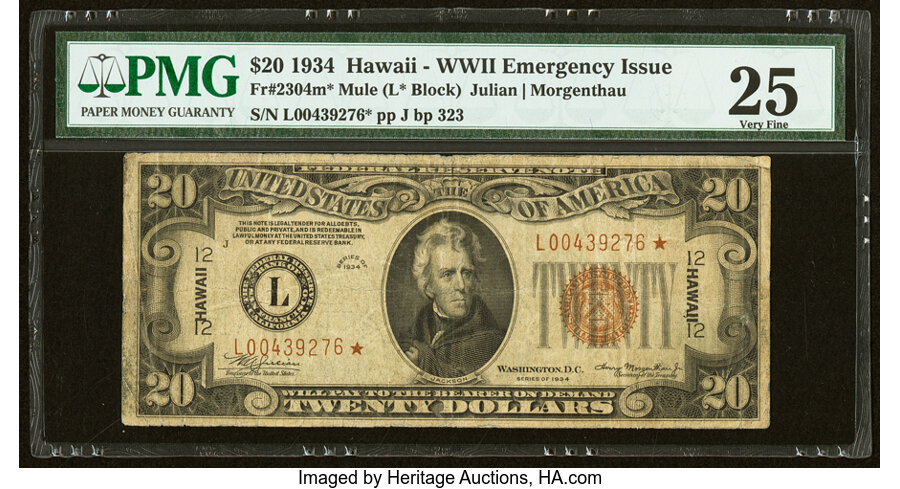 image for: Fr. 2304* $20 1934 Mule Hawaii Federal Reserve Star Note. PMG Very Fine 25....