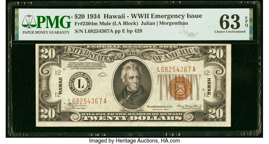 image for: Fr. 2304 $20 1934 Mule Hawaii Federal Reserve Note. PMG Choice Uncirculated 63 EPQ....