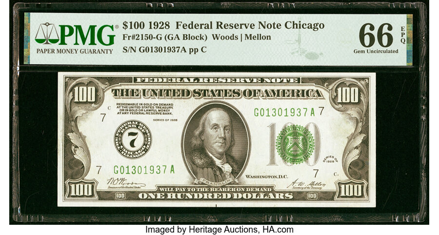 image for: Fr. 2150-G $100 1928 Federal Reserve Note. PMG Gem Uncirculated 66 EPQ....