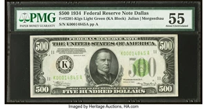 image for: Fr. 2201-K $500 1934 Light Green Seal Federal Reserve Note. PMG About Uncirculated 55....