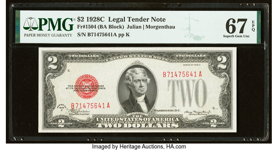 image for: Fr. 1504 $2 1928C Legal Tender Note. PMG Superb Gem Unc 67 EPQ....