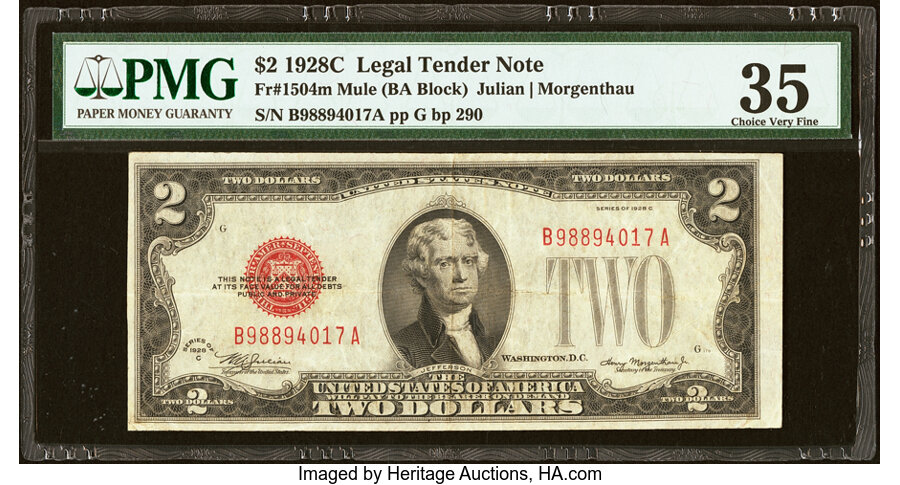 image for: Fr. 1504 $2 1928C Mule Legal Tender Note. PMG Choice Very Fine 35....