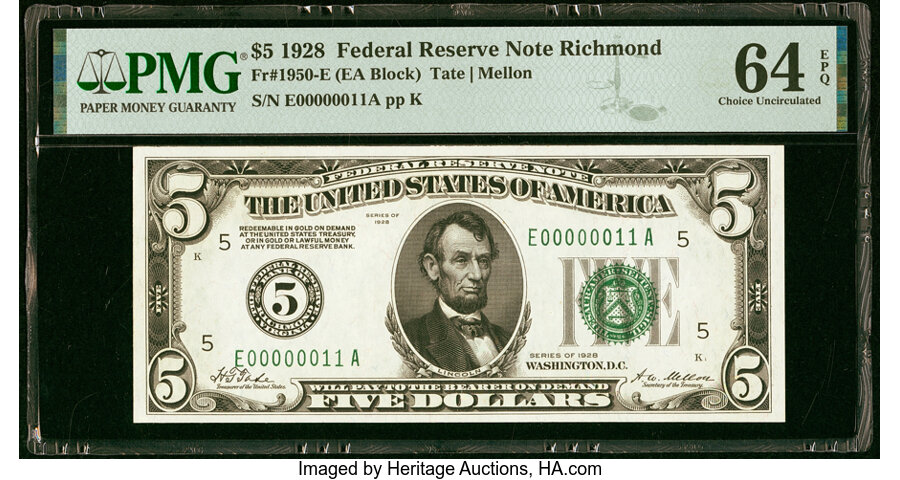 image for: Low Serial E00000011A Fr. 1950-E $5 1928 Federal Reserve Note. PMG Choice Uncirculated 64 EPQ....