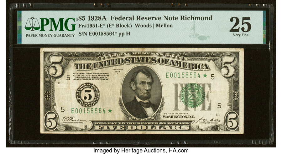 image for: Fr. 1951-E* $5 1928A Federal Reserve Star Note. PMG Very Fine 25....