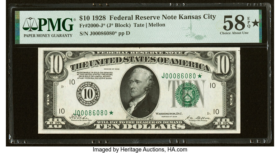 image for: Fr. 2000-J* $10 1928 Federal Reserve Star Note. PMG Choice About Unc 58 EPQ*....